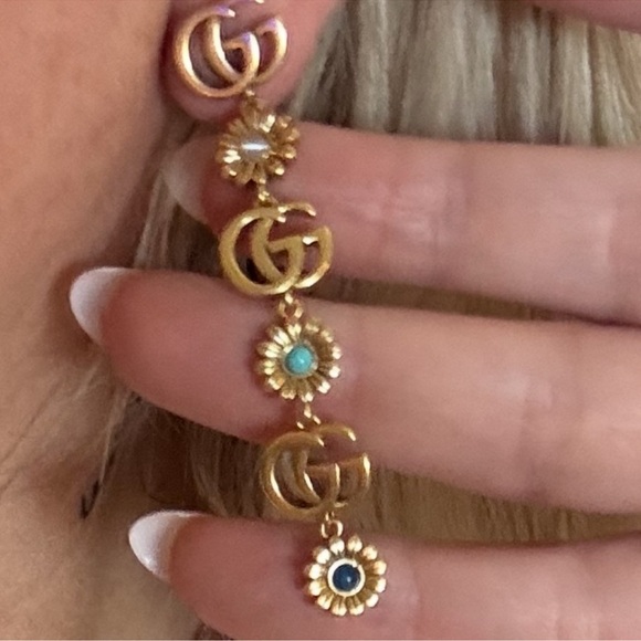 Gucci Gold-Tone GG Drop Earrings with Blue and Turquoise Enamel Flowers - Picture 2 of 6